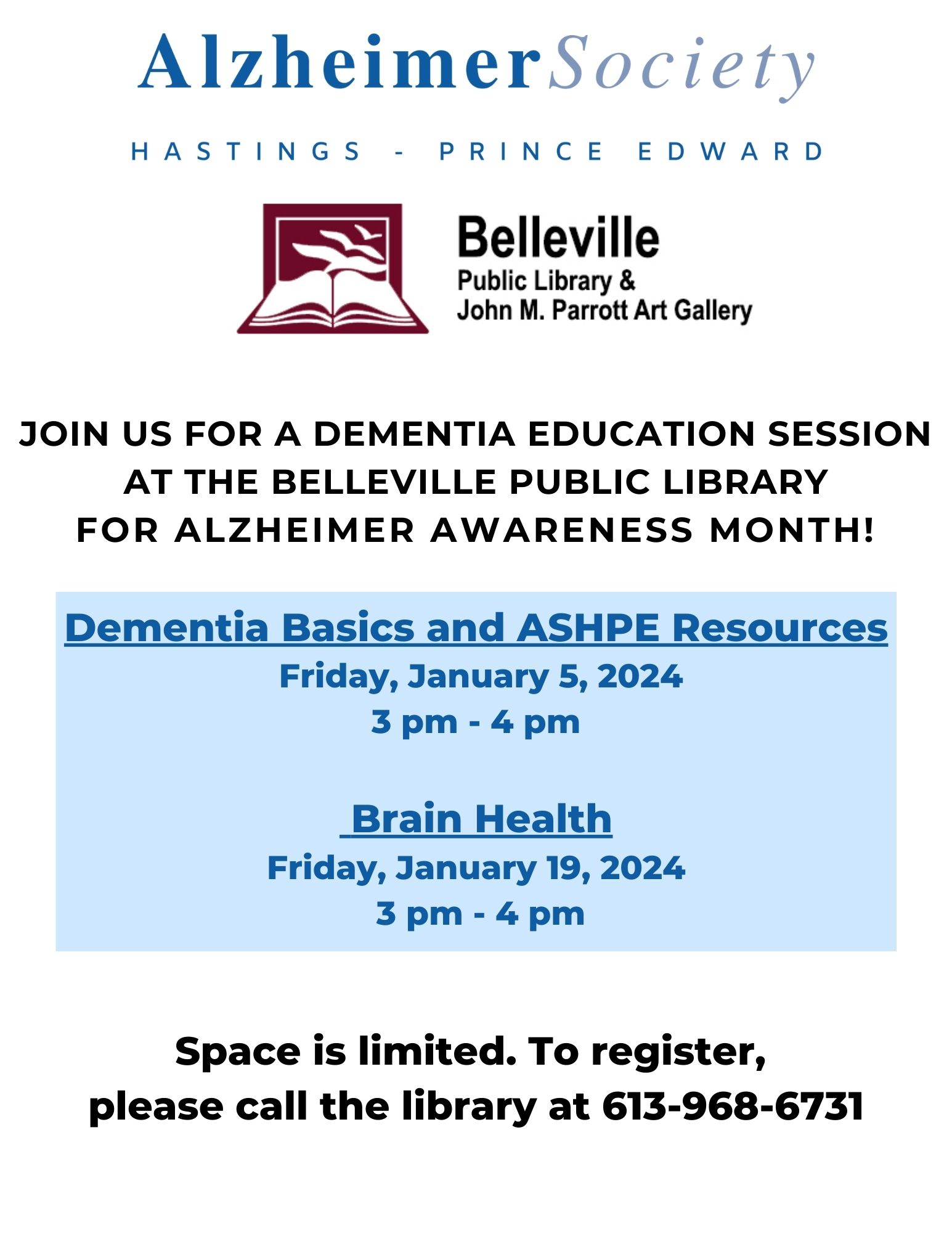 Belleville Library Brain Health Alzheimer Society of HastingsPrince